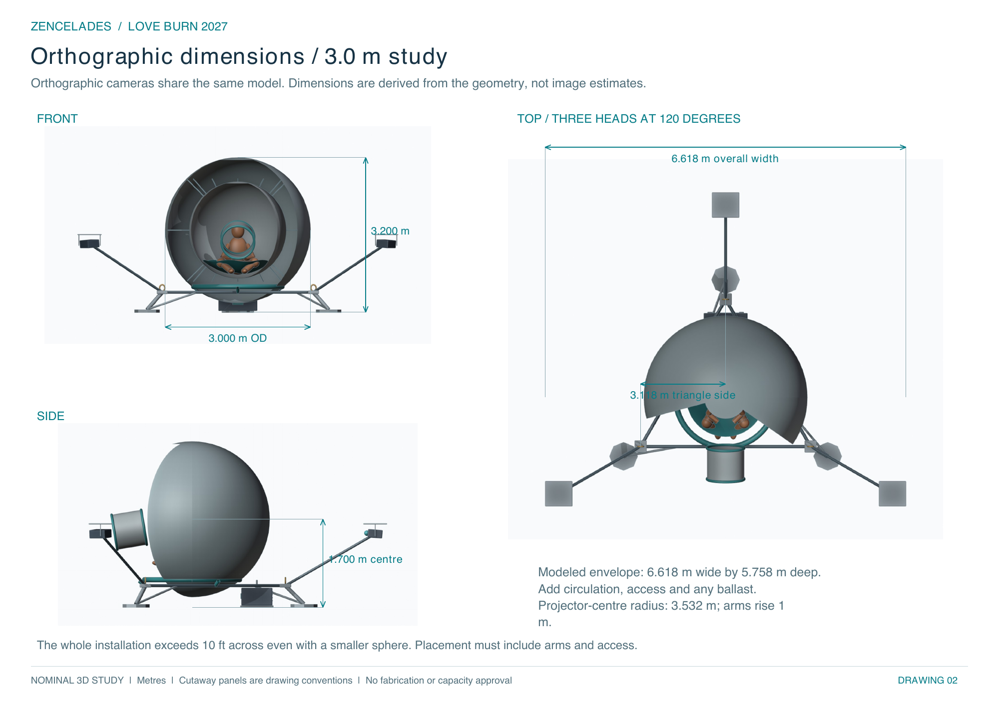 Front, side and top orthographic model views with dimensions