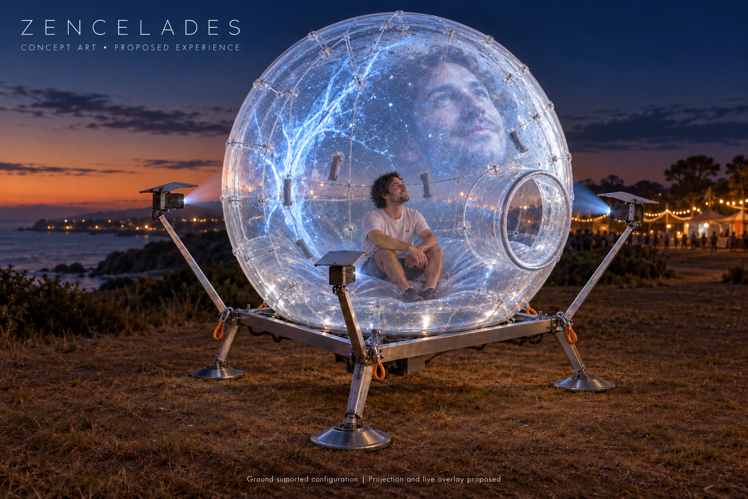 Concept art: a person sitting inside a clear sphere on a low steel triangle with three lander legs at dusk, their face projected large across the sphere